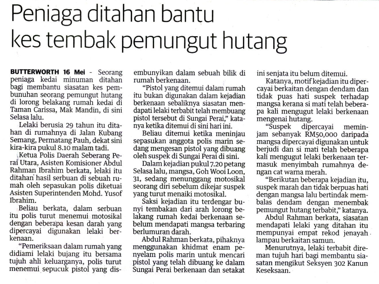 peniaga bunuh pemungut hutang