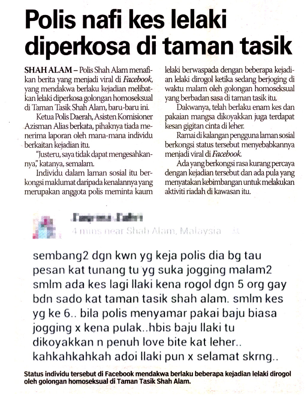 Polis Nafi Lelaki Diperkosa Di Taman Tasik Shah Alam